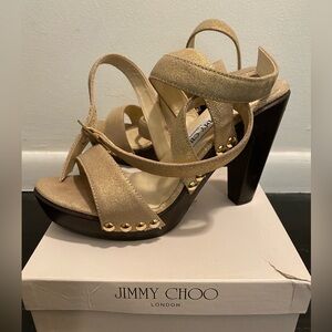 Jimmy Choo Gold Metallic Suede Wood Heel Studs Double Ankle Strap Sandal 38
